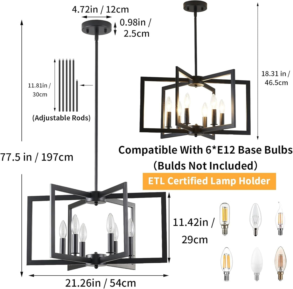 Black Metal Chandelier – 6-Light Modern Dining Room Fixture