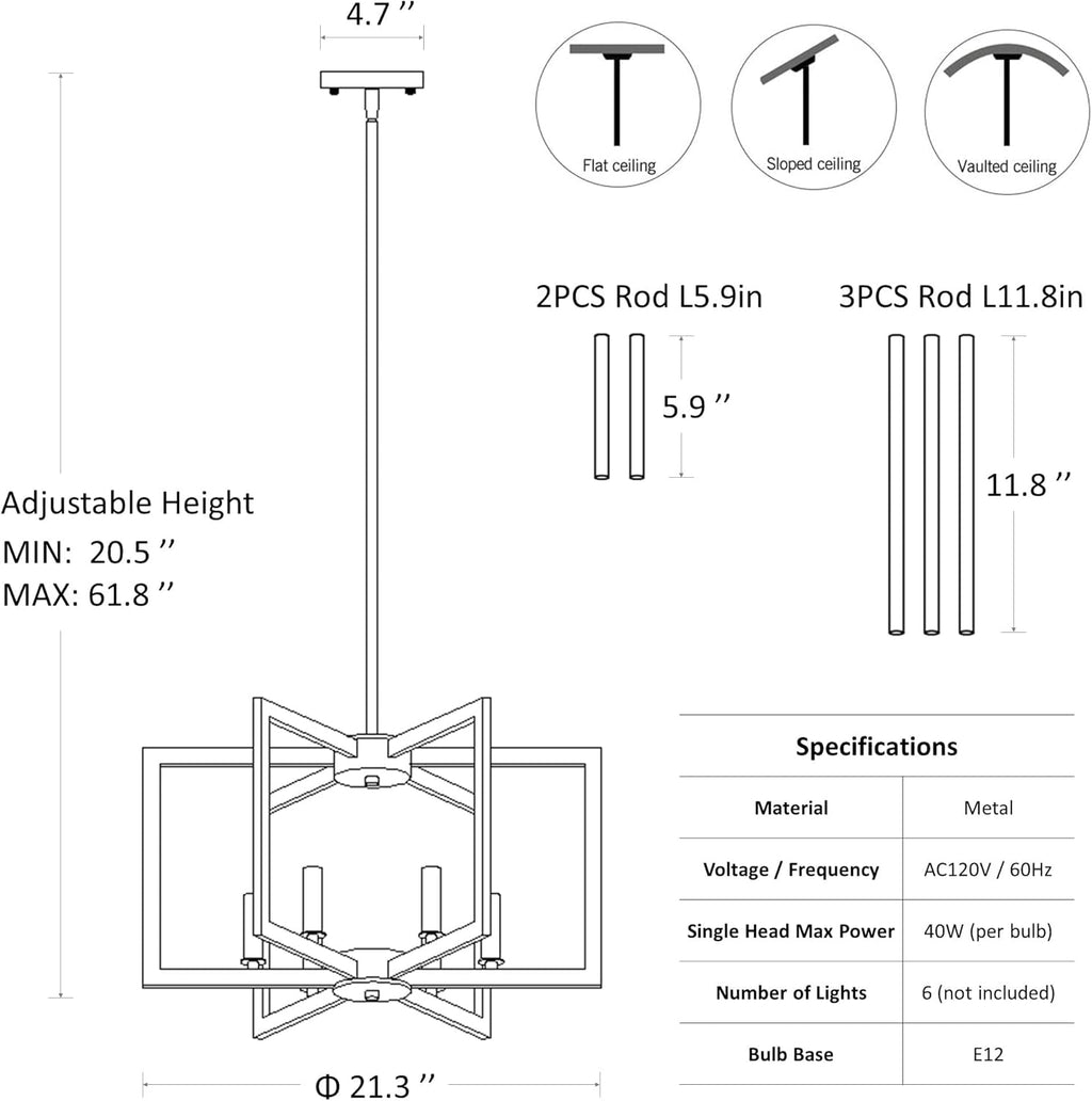 Black Farmhouse Chandelier – 6-Light Modern Dining Room Fixture