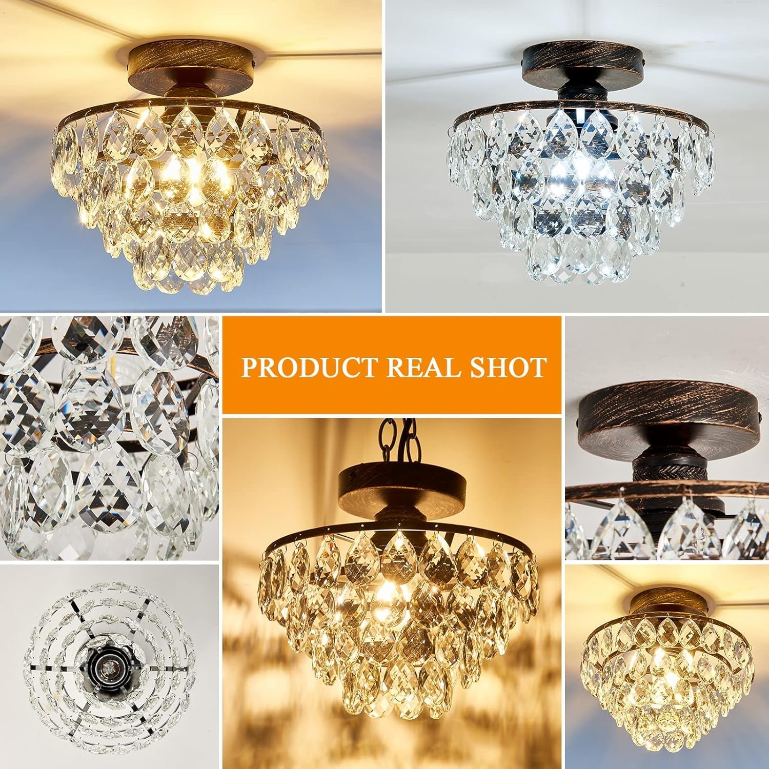 Modern Bronze Crystal Chandelier – Semi Flush Mount Ceiling Light
