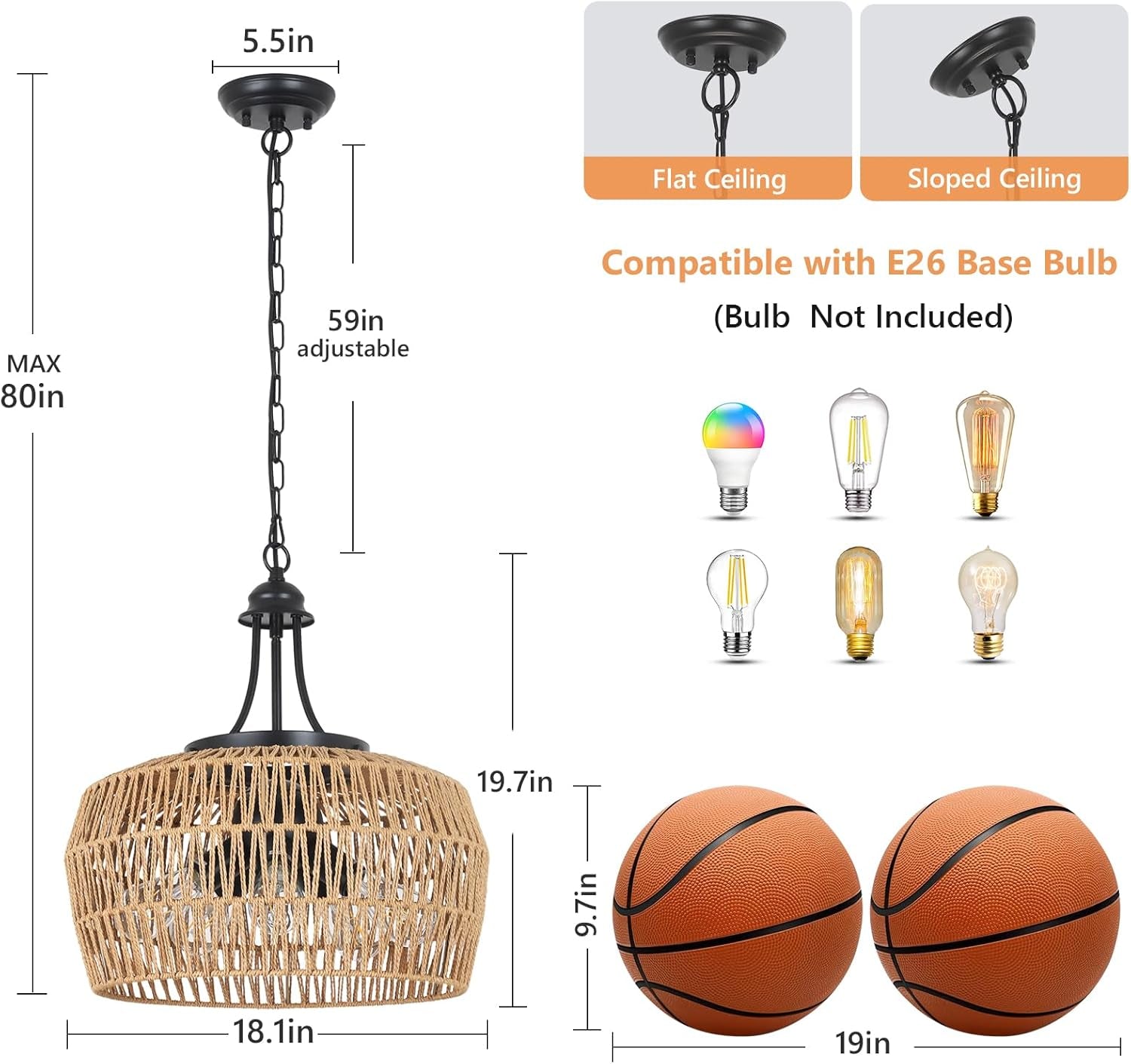 Large Rattan Boho Chandelier – 5-Light Coastal Dining Room Fixture