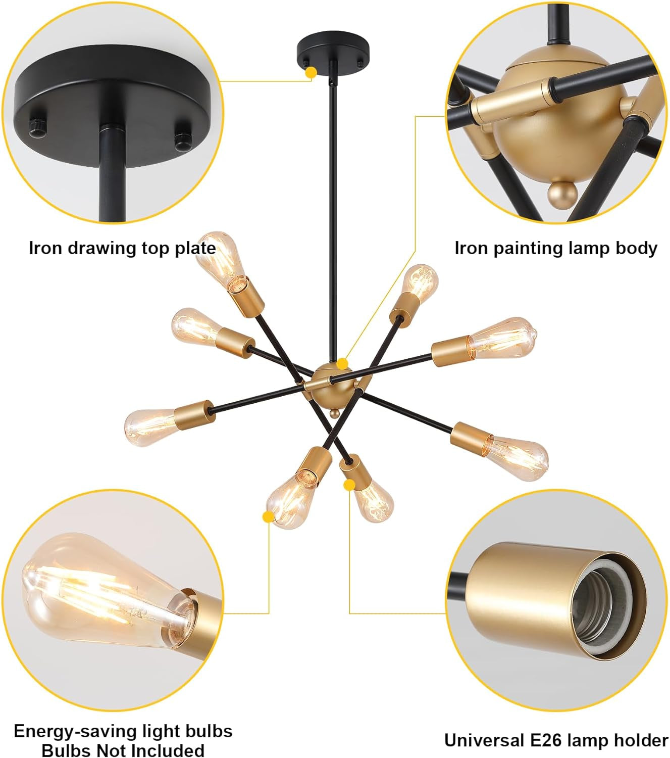 Modern Black & Gold Sputnik Chandelier – 8-Light Dining Room Fixture
