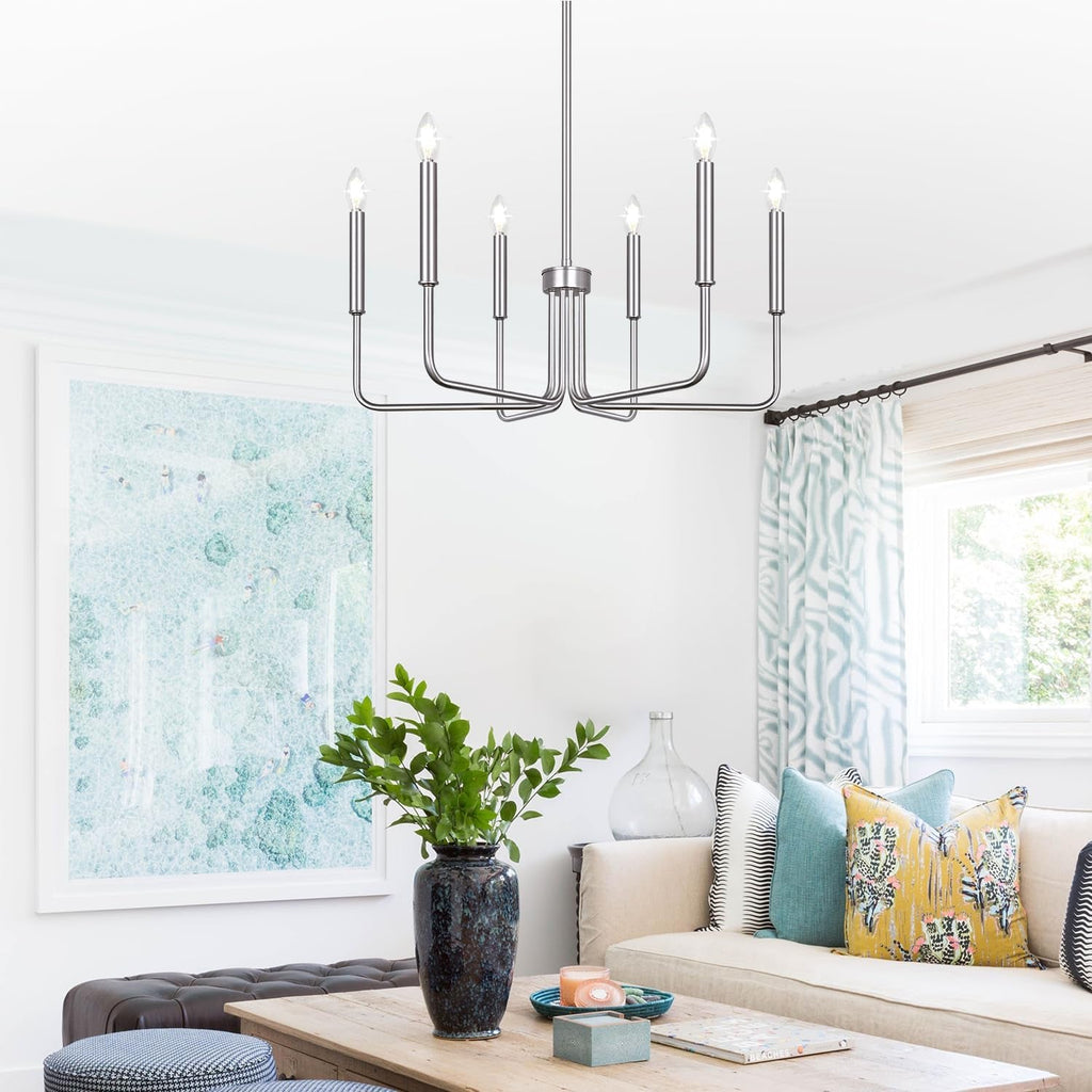 Brushed Nickel Farmhouse Chandelier – 6-Light Dining Room Fixture