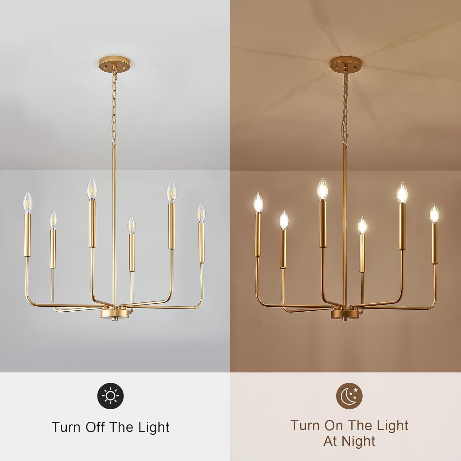 Modern Gold Candle Chandelier – 6-Light Dining Room Statement Fixture