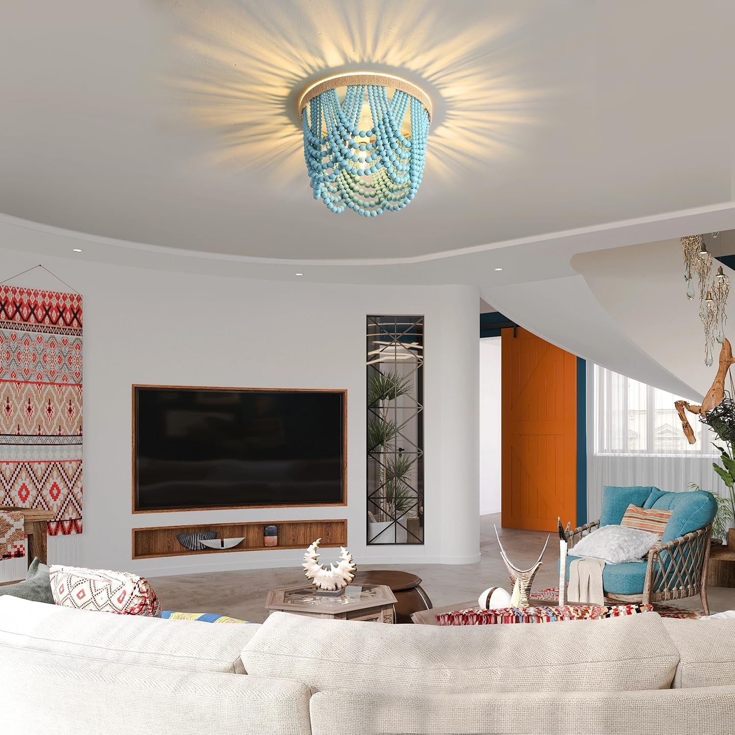 Blue Wood Beaded Boho Chandelier – 3-Light Coastal Accent Fixture