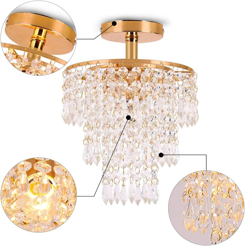 Mini Gold Crystal Chandelier – 3-Tier Raindrop Flush Mount Fixture