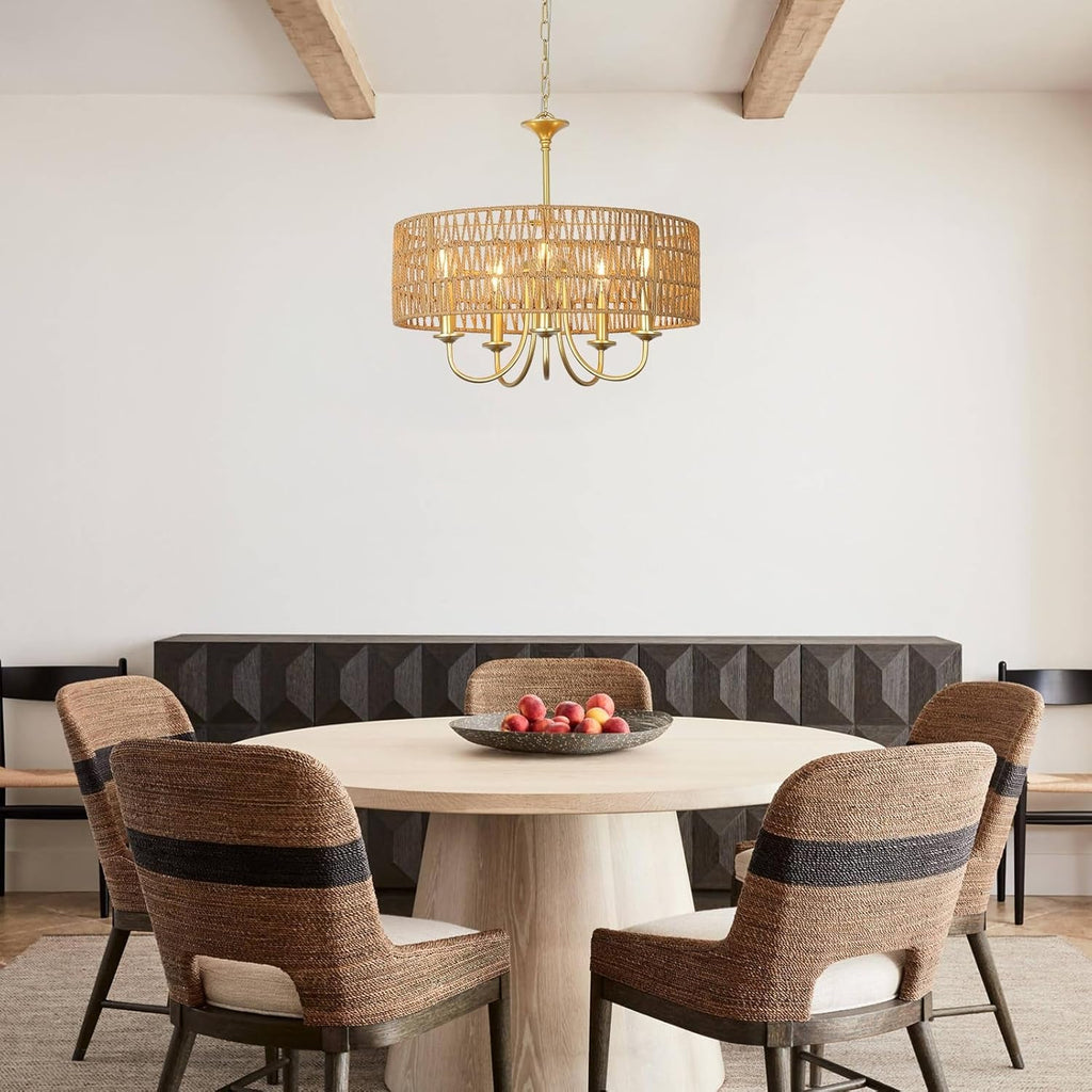 Gold Rattan Boho Chandelier – 5-Light Coastal Pendant Fixture