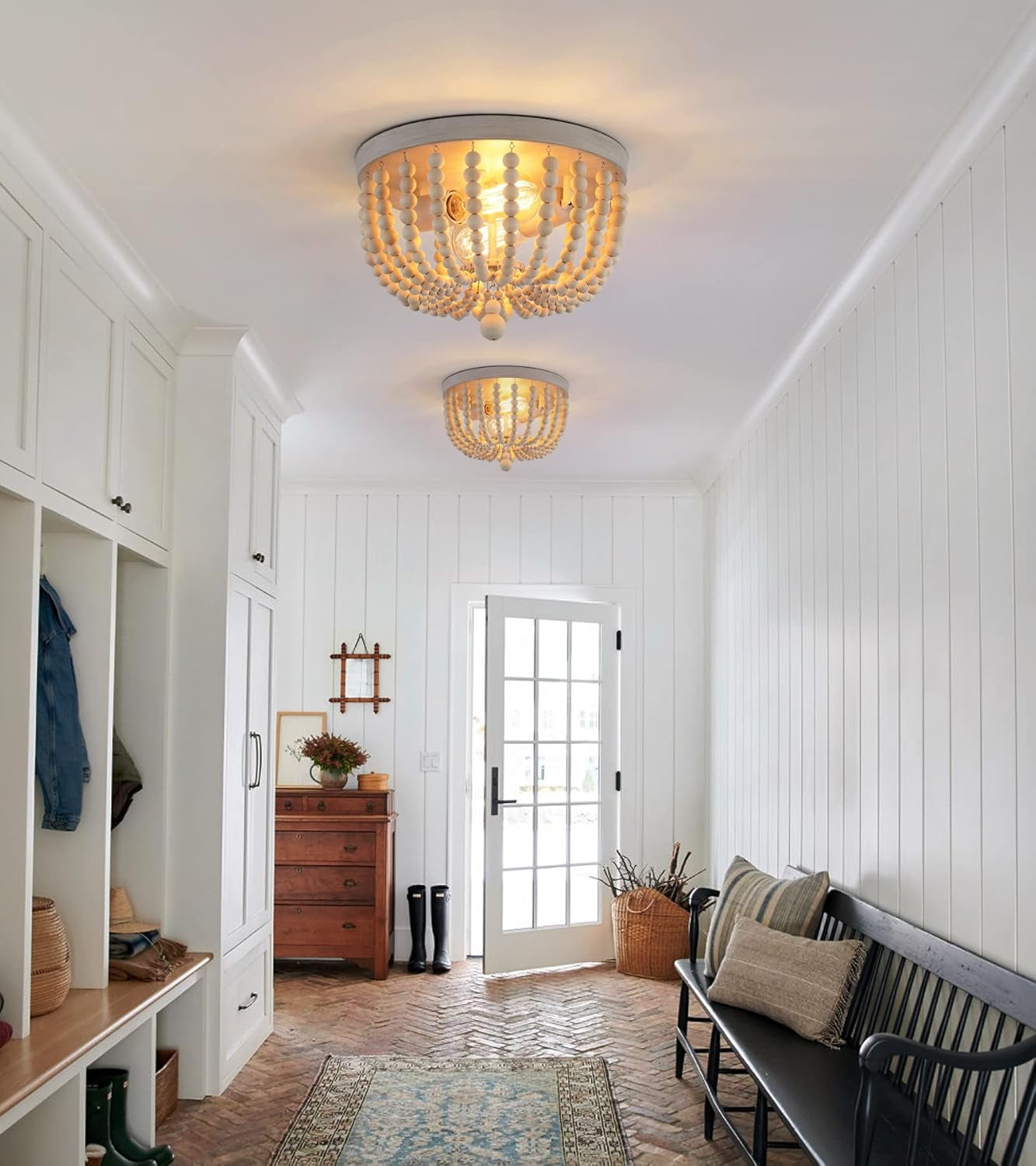 Oak Wood Beaded Flush Mount Chandelier – 2-Light Coastal Fixture