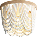 Coastal White Wood Beaded Chandelier – 3-Light Boho Ceiling Fixture