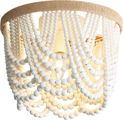 Coastal White Wood Beaded Chandelier – 3-Light Boho Ceiling Fixture