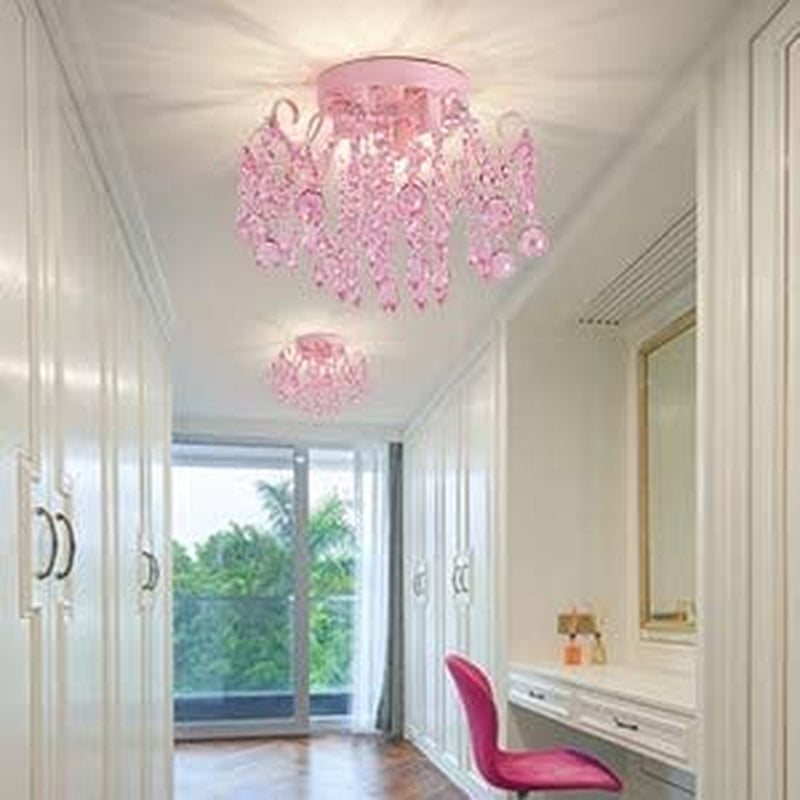 Pink Crystal Mini Chandelier – 3-Light Semi Flush Mount Ceiling Light