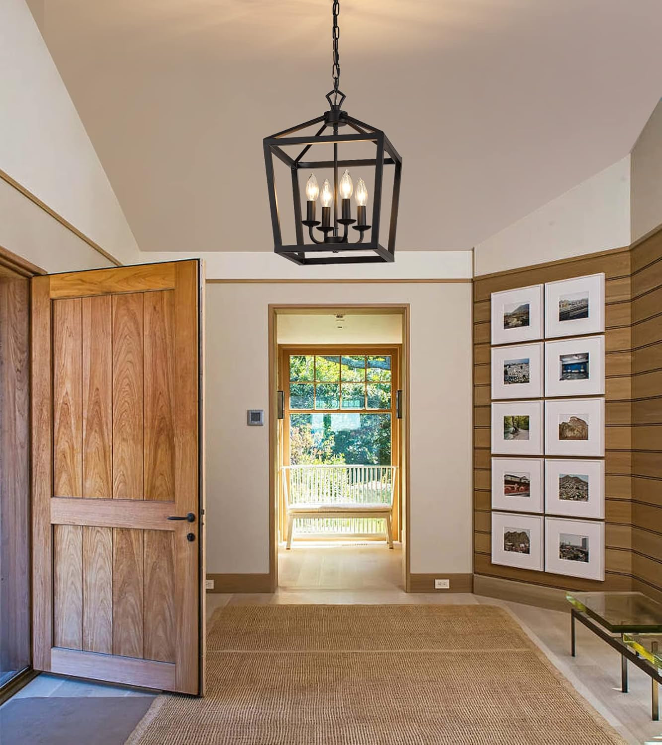 Black Lantern Farmhouse Chandelier – 4-Light Kitchen Ceiling Fixture