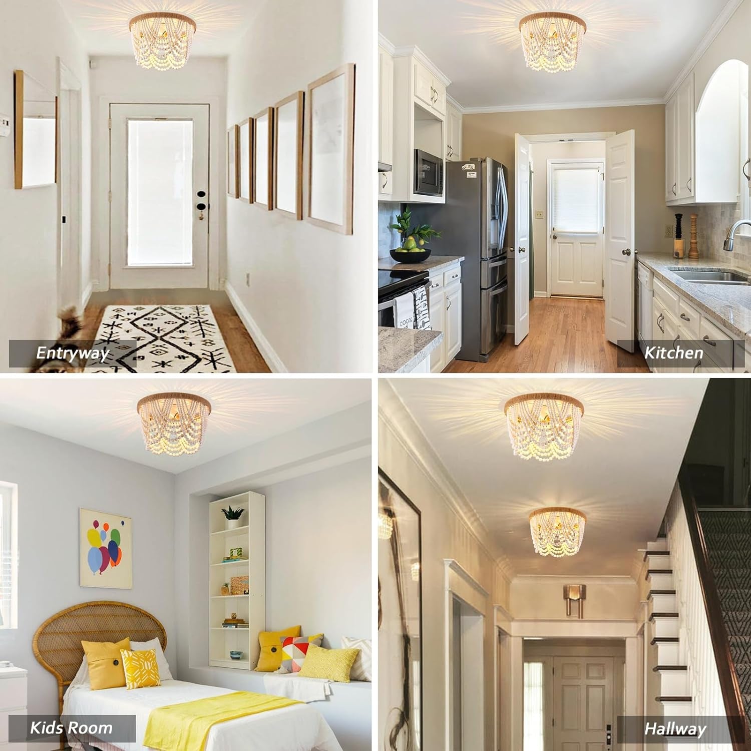 White Wood Beaded Flush Mount Chandelier – Coastal Boho 3-Light Fixture