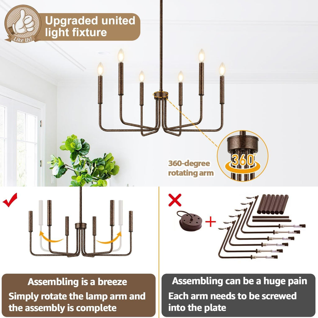 Rustic Black Farmhouse Chandelier – 6-Light Dining Room Fixture