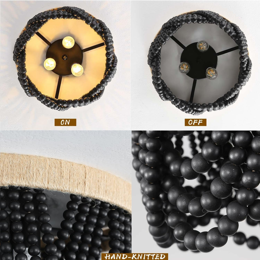 Black Beaded Boho Chandelier – Handmade 3-Light Statement Fixture