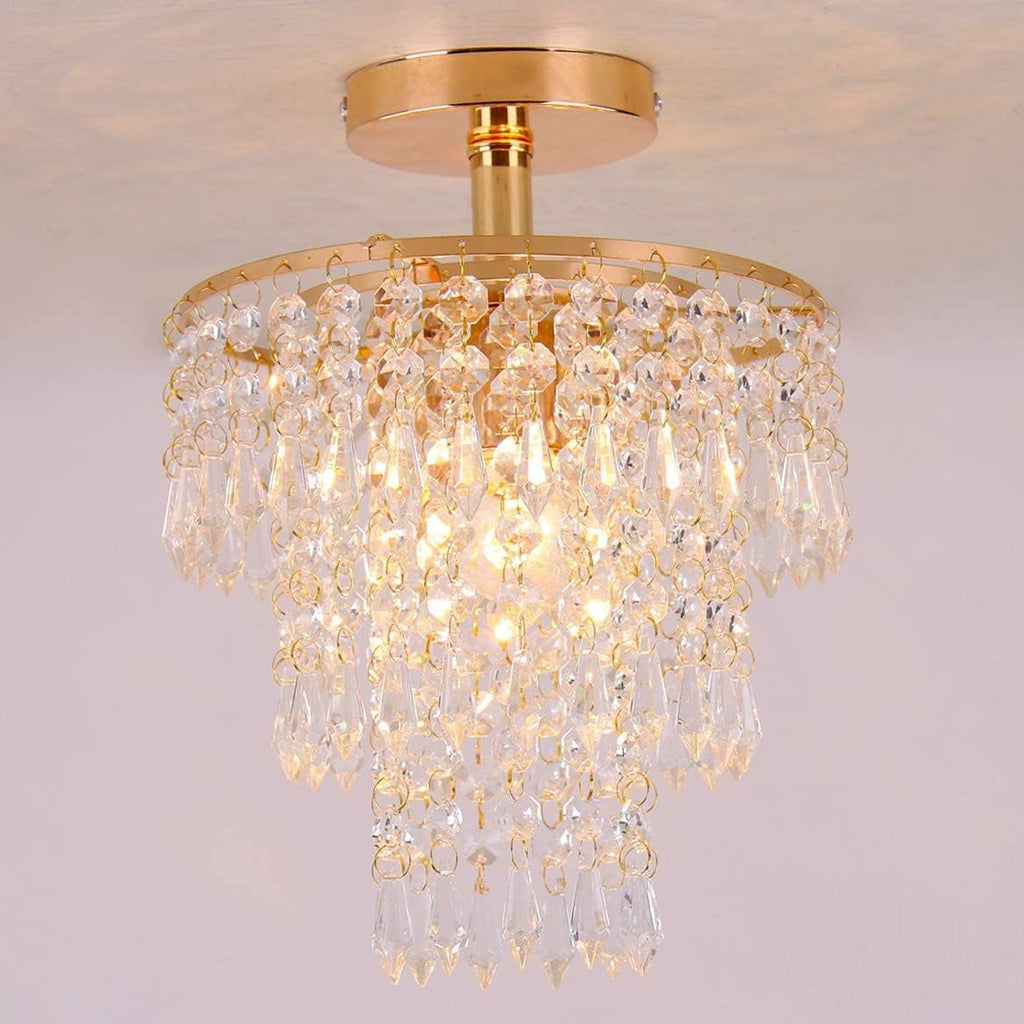 Mini Gold Crystal Chandelier – 3-Tier Raindrop Flush Mount Fixture