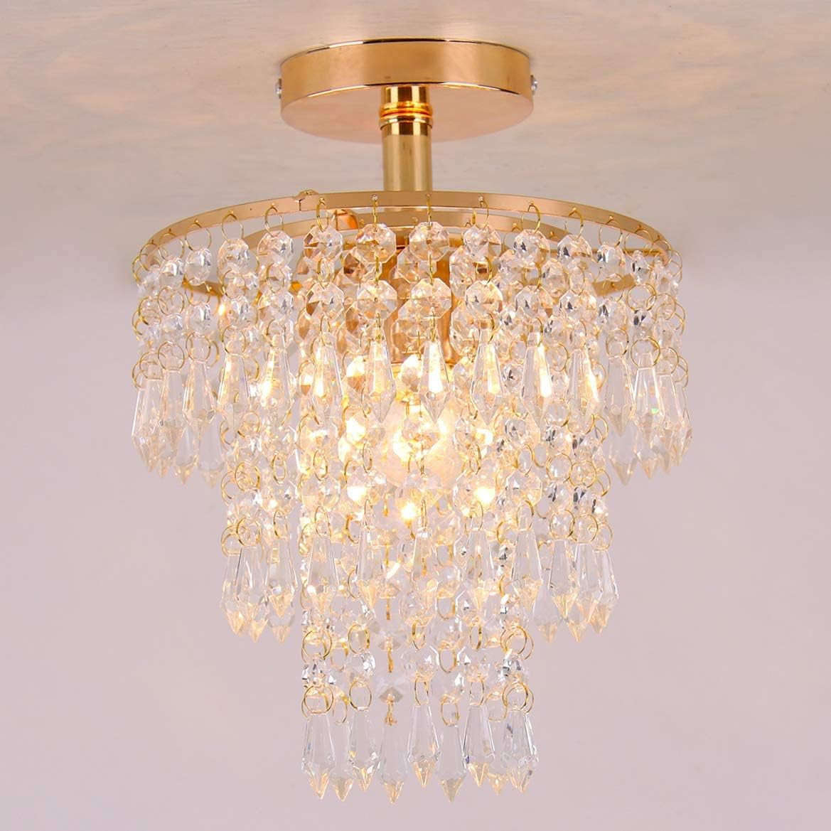 Mini Gold Crystal Chandelier – 3-Tier Raindrop Flush Mount Fixture