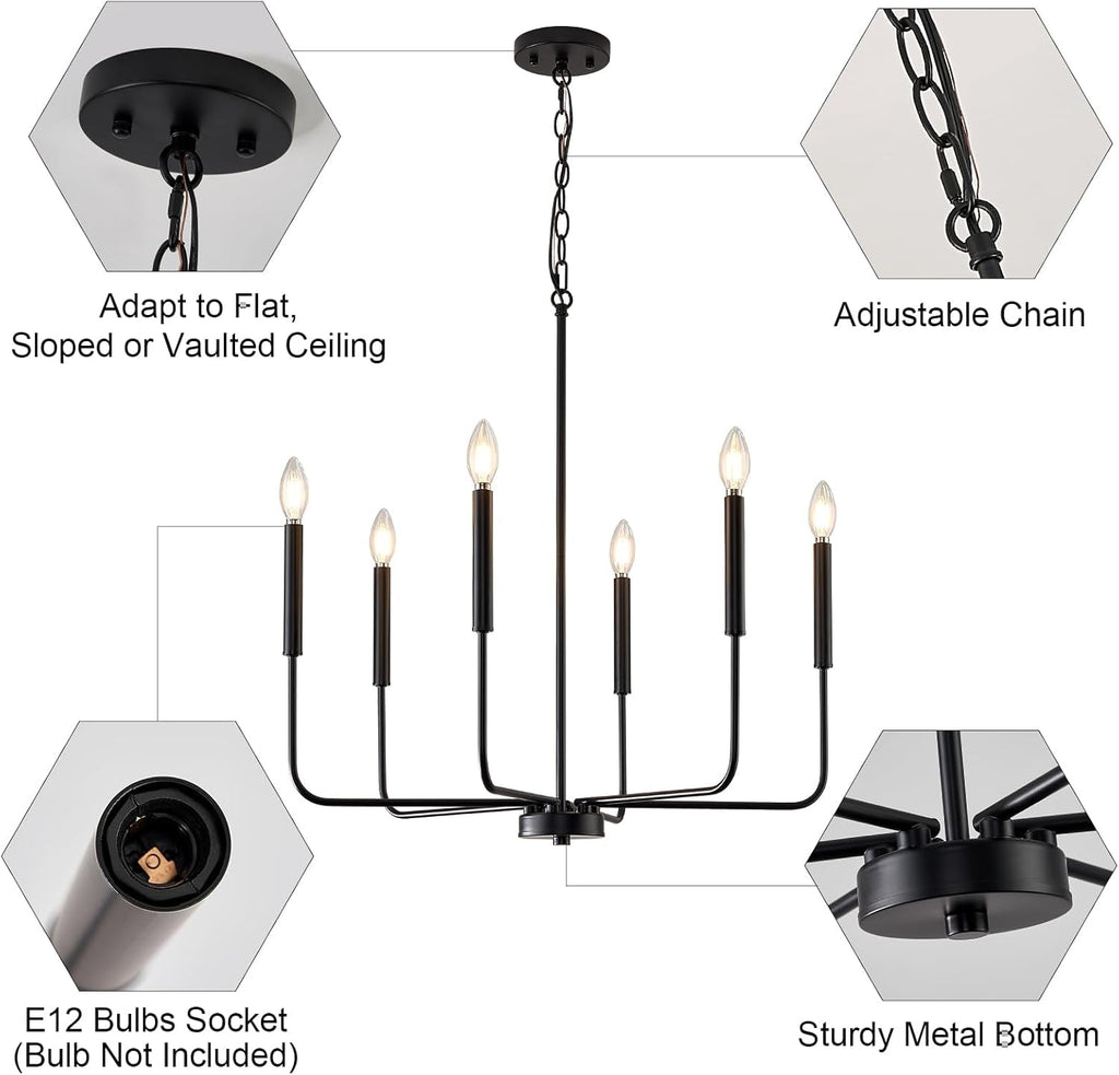 Modern Black Farmhouse Chandelier – 6-Light Dining Room Pendant Fixture