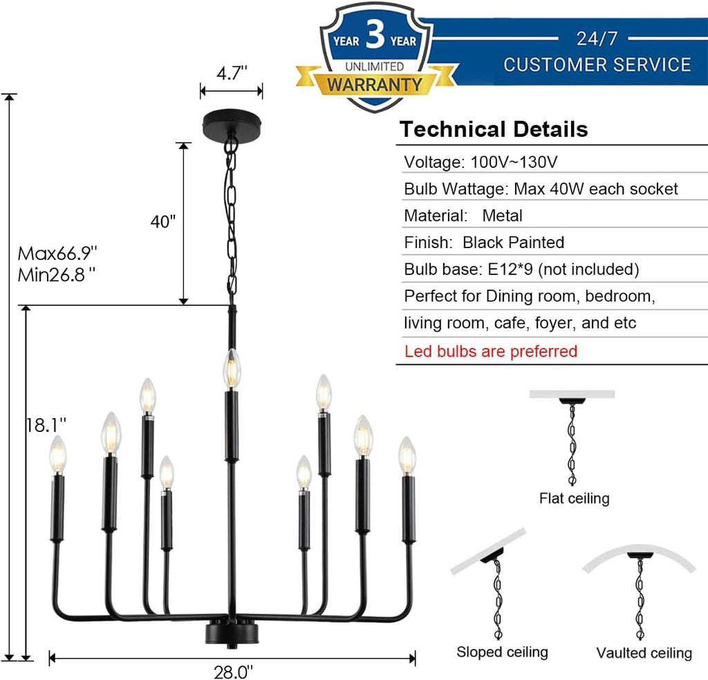 Large Black Farmhouse Chandelier – 9-Light Dining Room Statement Fixture