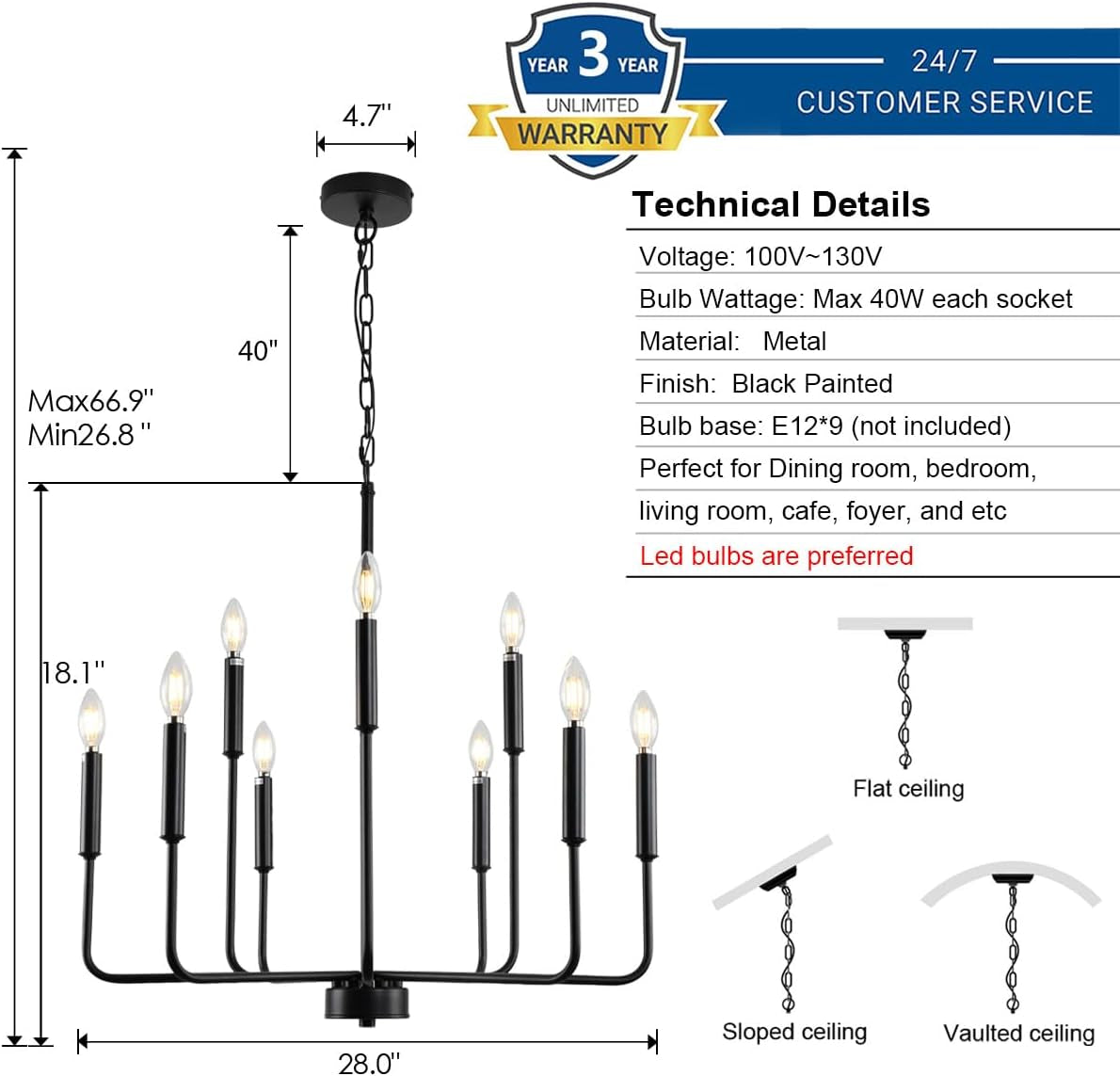 Large Black Farmhouse Chandelier – 9-Light Dining Room Statement Fixture