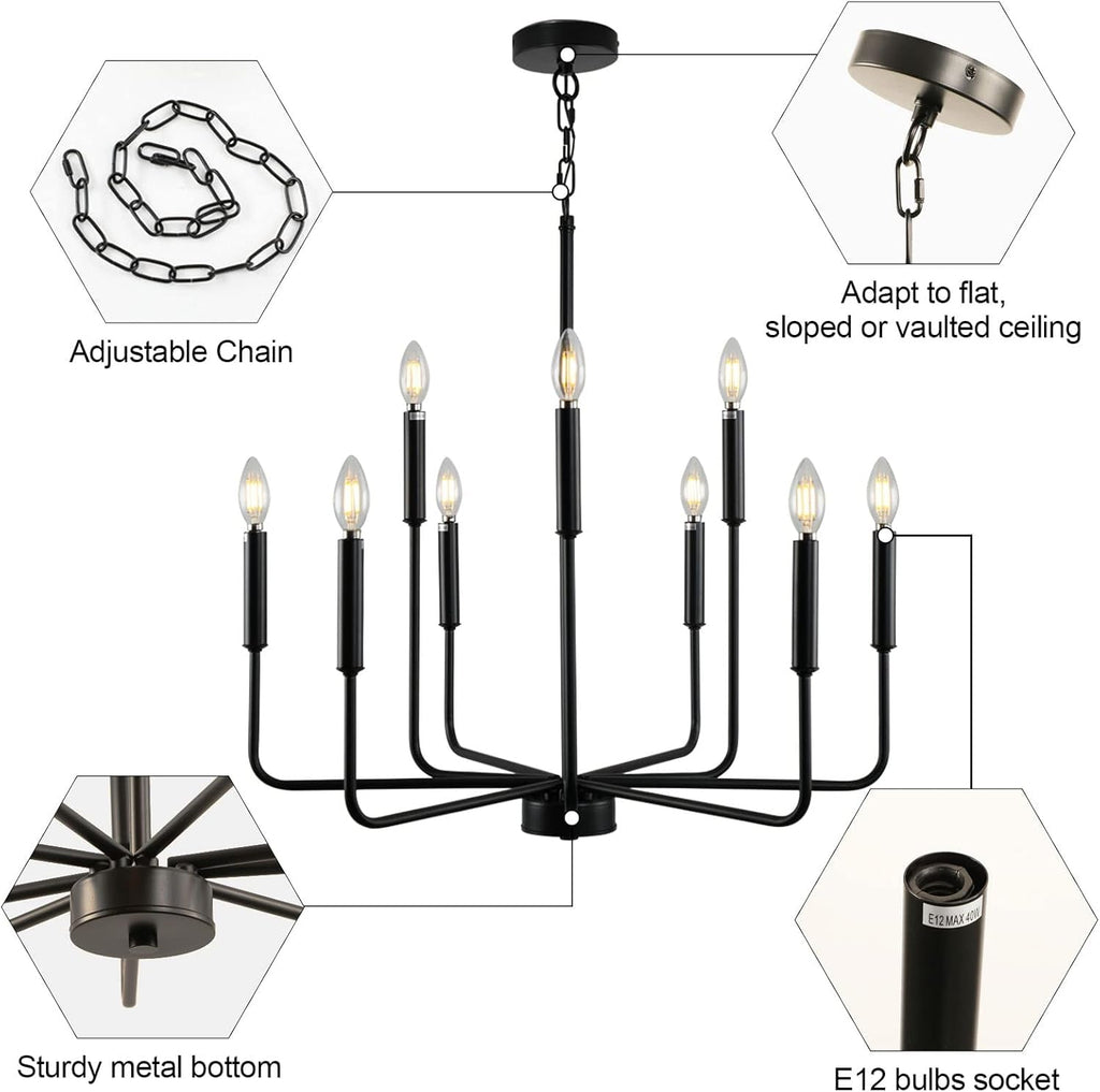 Large Black Farmhouse Chandelier – 9-Light Dining Room Statement Fixture