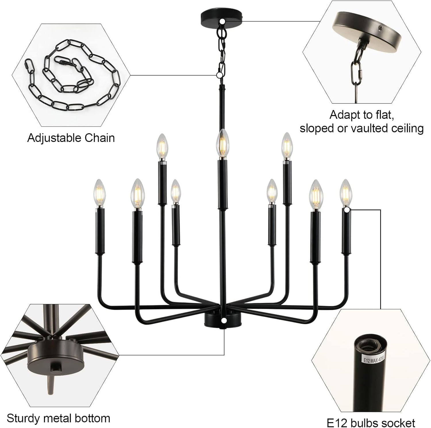 Large Black Farmhouse Chandelier – 9-Light Dining Room Statement Fixture