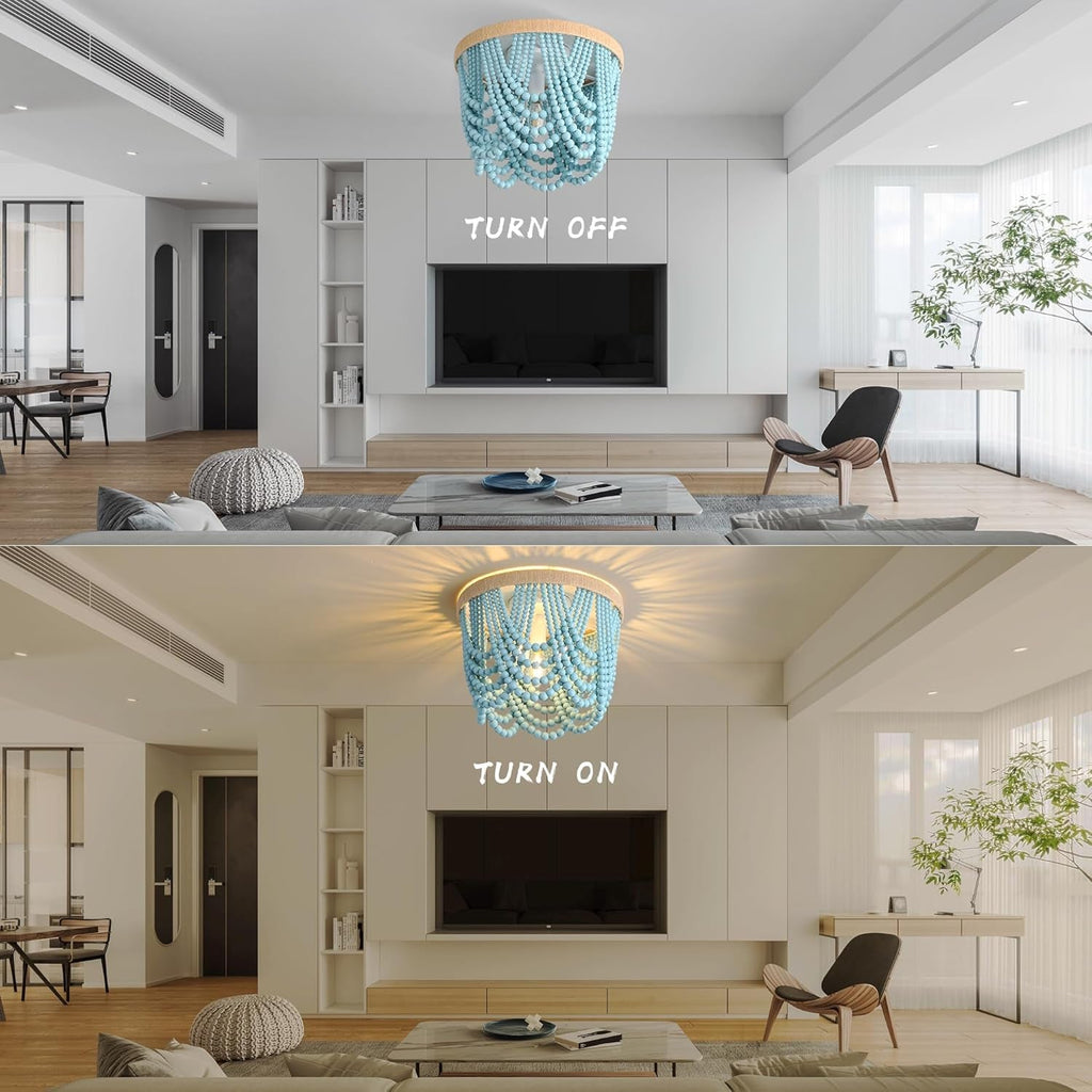 Blue Wood Beaded Boho Chandelier – 3-Light Coastal Accent Fixture