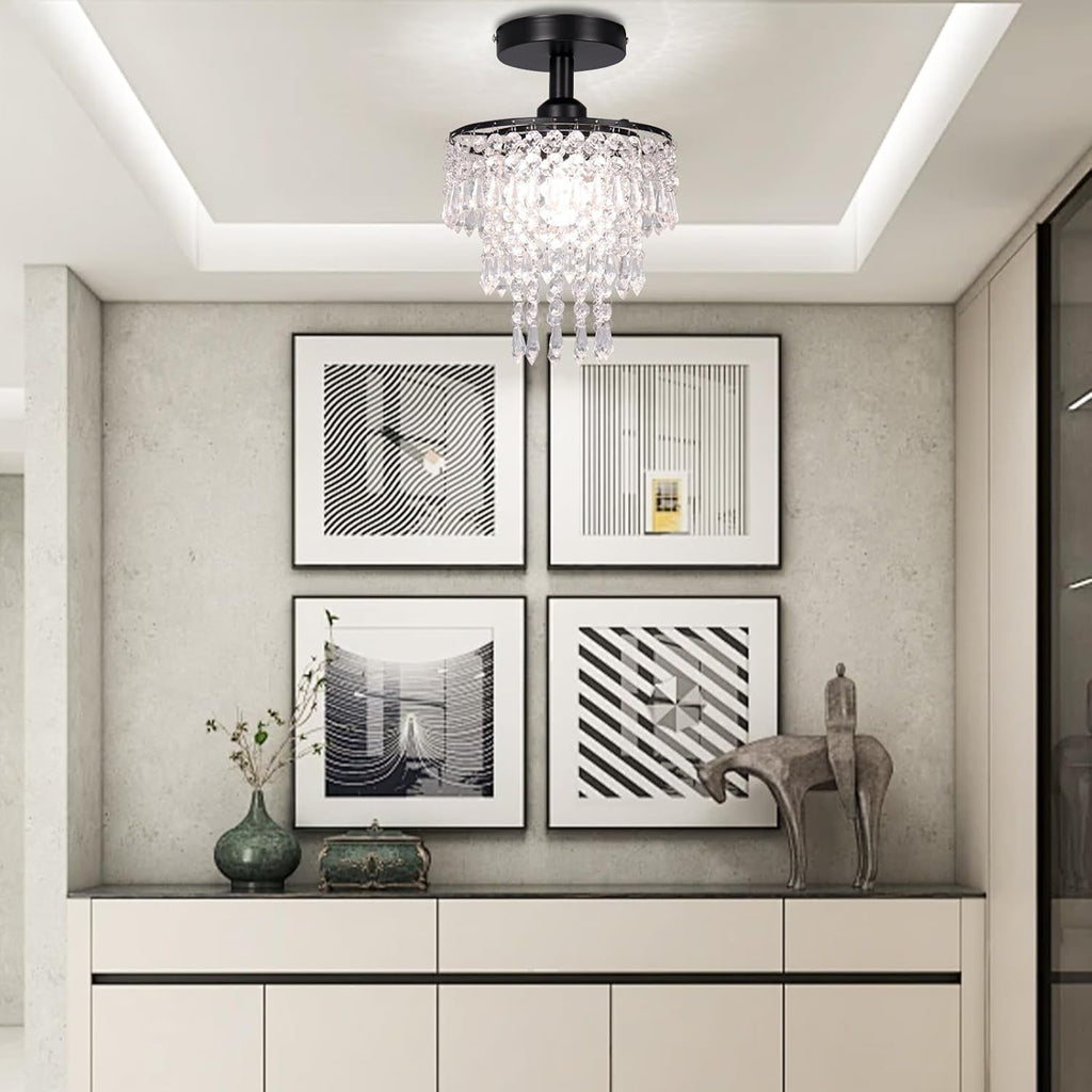 Black Crystal Flush Mount Chandelier – Raindrop Ceiling Light
