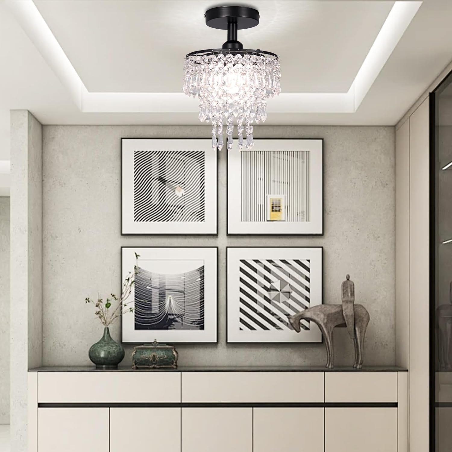 Black Crystal Flush Mount Chandelier – Raindrop Ceiling Light