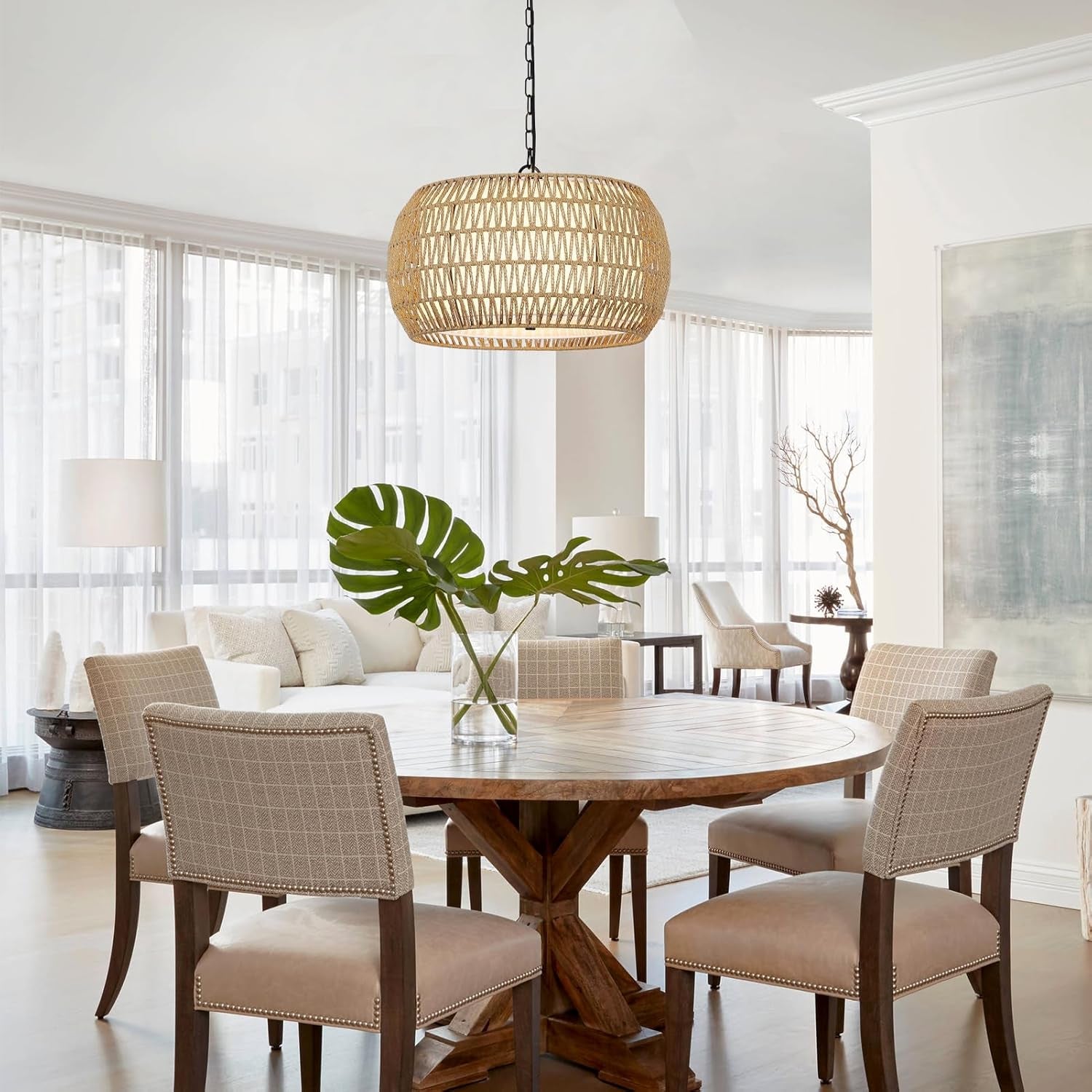Rattan Farmhouse Chandelier – 5-Light Coastal Fixture with Fabric Shades