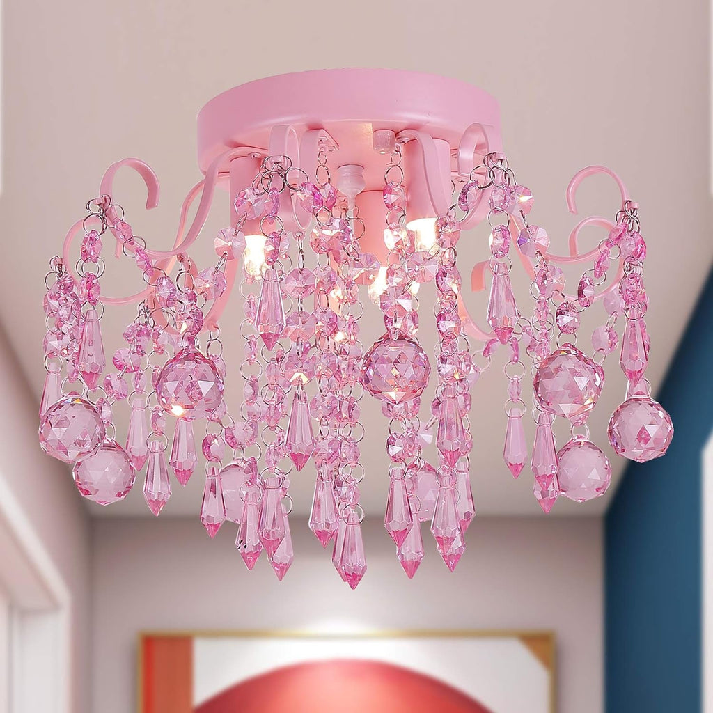 Pink Crystal Mini Chandelier – 3-Light Semi Flush Mount Ceiling Light