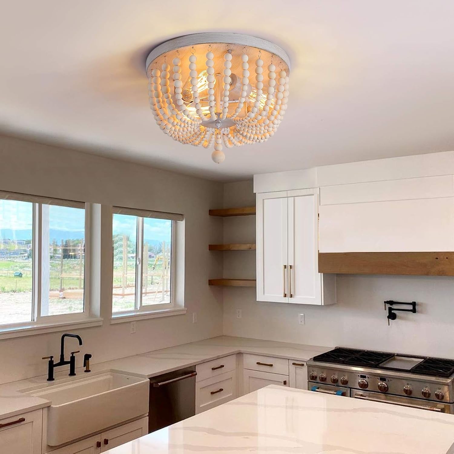 Coastal Wood Beaded Chandelier – 3-Light White Oak Ceiling Fixture
