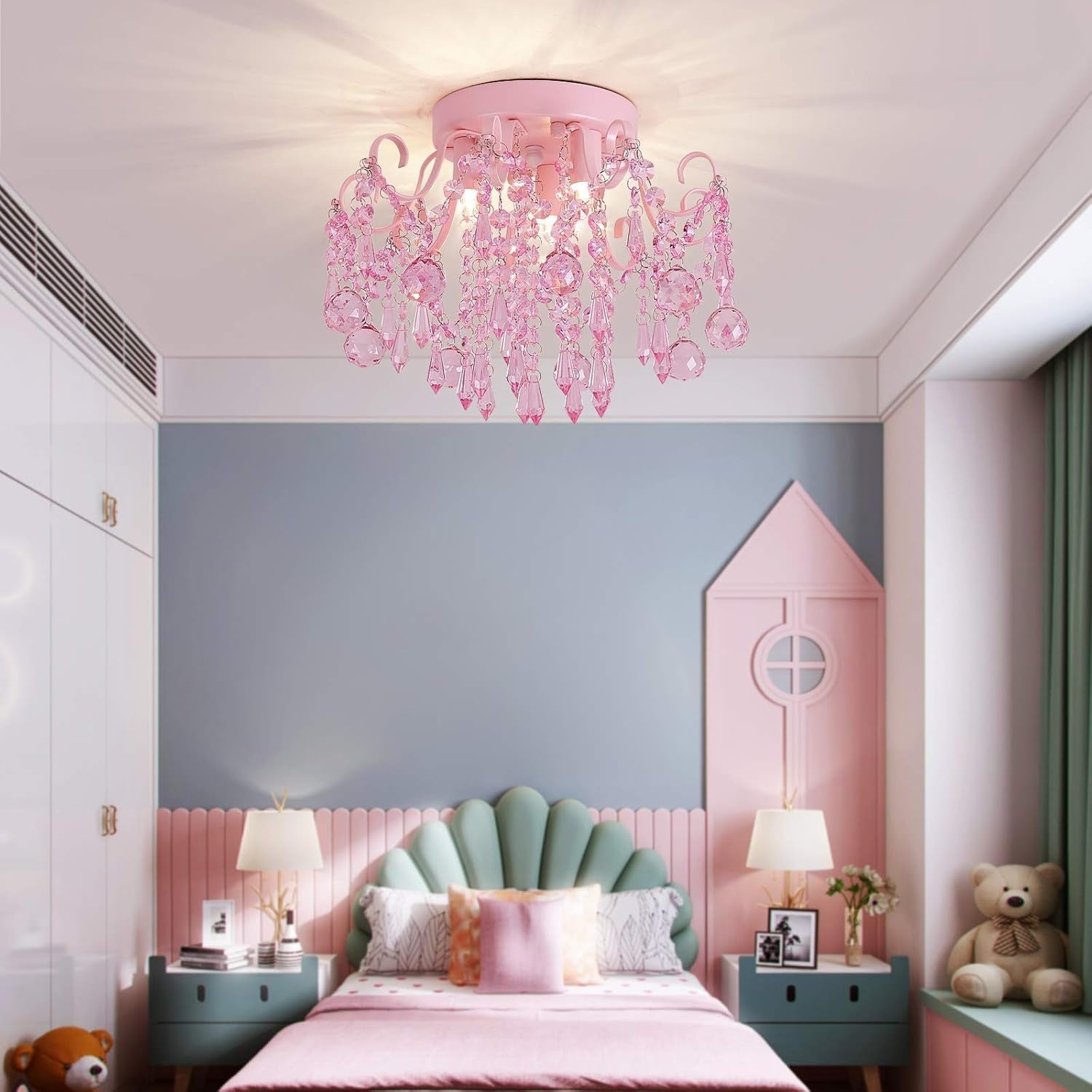 Pink Crystal Mini Chandelier – 3-Light Semi Flush Mount Ceiling Light