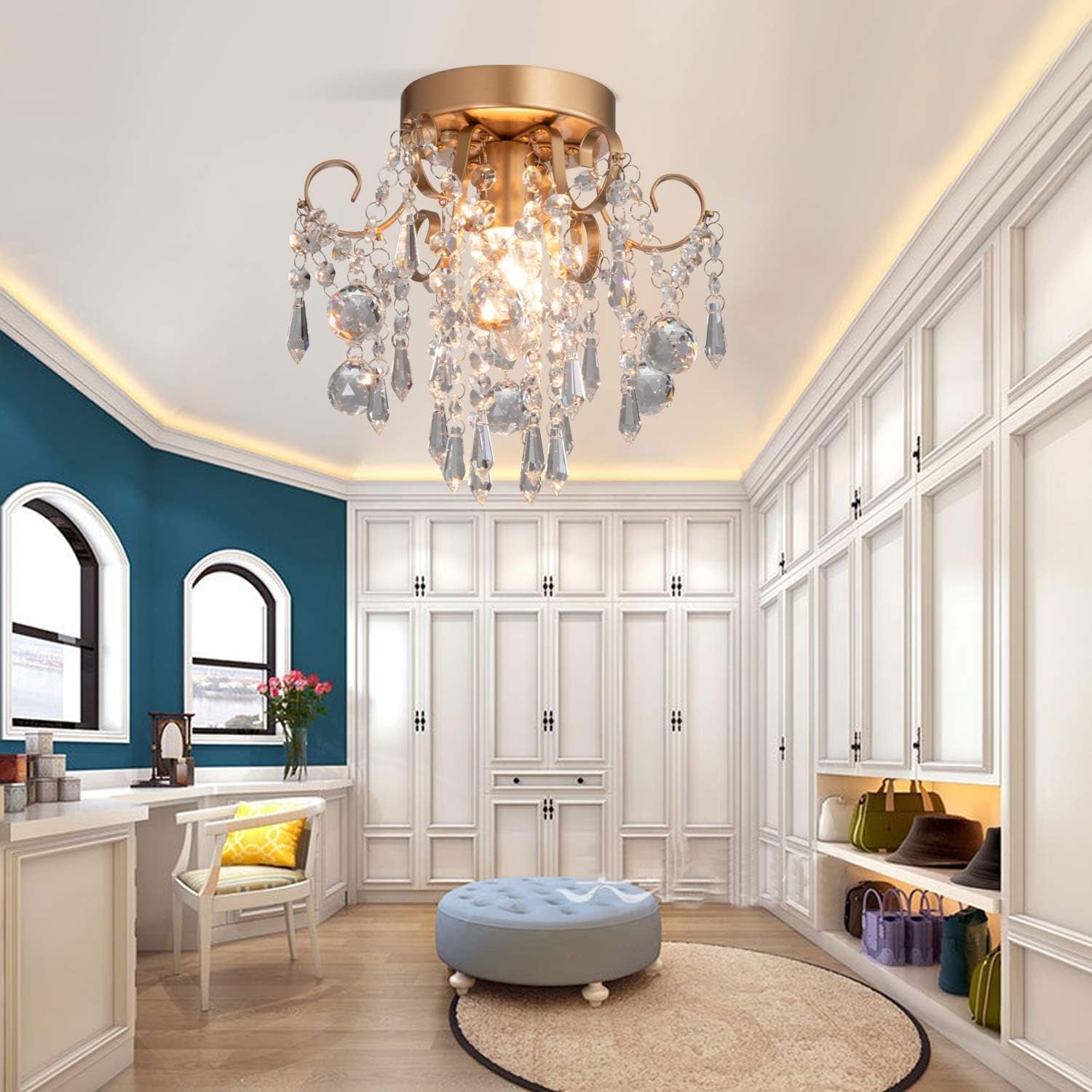Mini Gold Crystal Chandelier – Flush Mount Ceiling Light