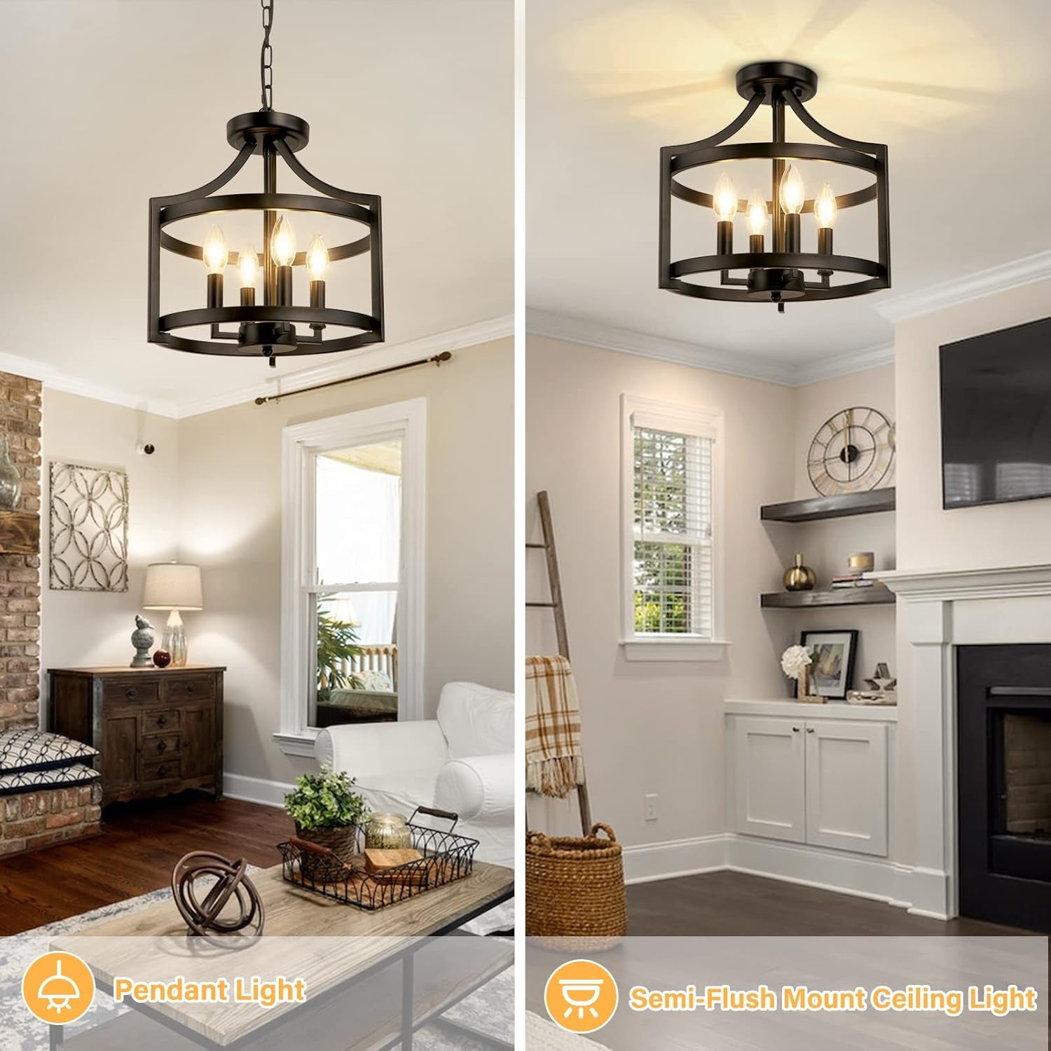 Black Farmhouse Pendant Chandelier – 4-Light Ceiling Fixture