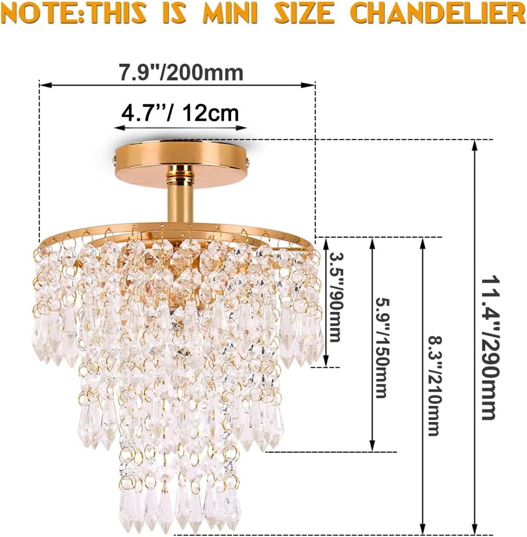 Mini Gold Crystal Chandelier – 3-Tier Raindrop Flush Mount Fixture