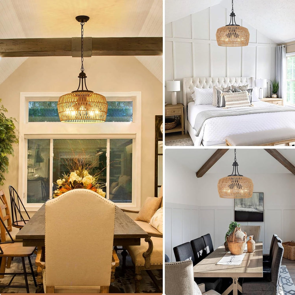 Large Rattan Boho Chandelier – 5-Light Coastal Dining Room Fixture