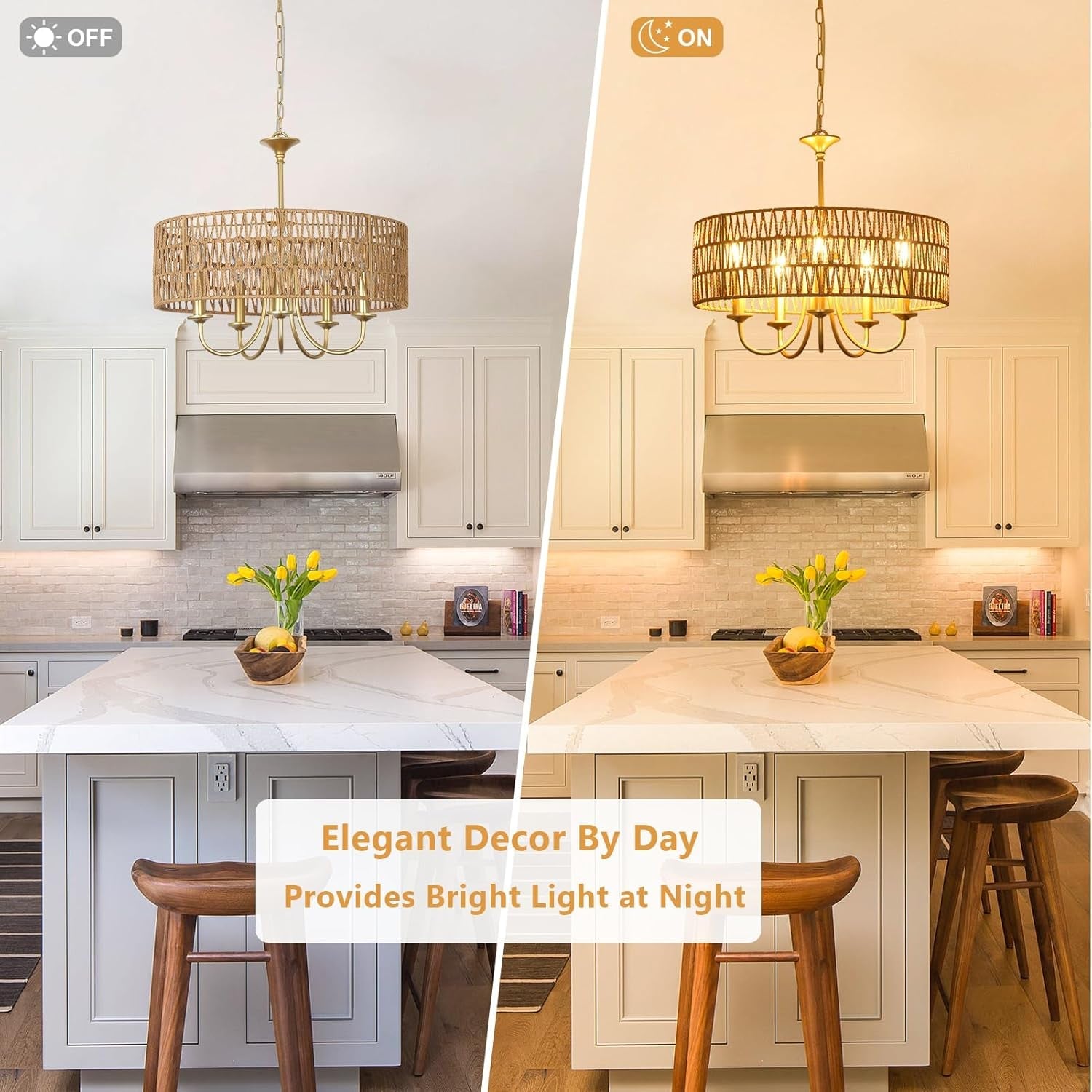 Gold Rattan Boho Chandelier – 5-Light Coastal Pendant Fixture