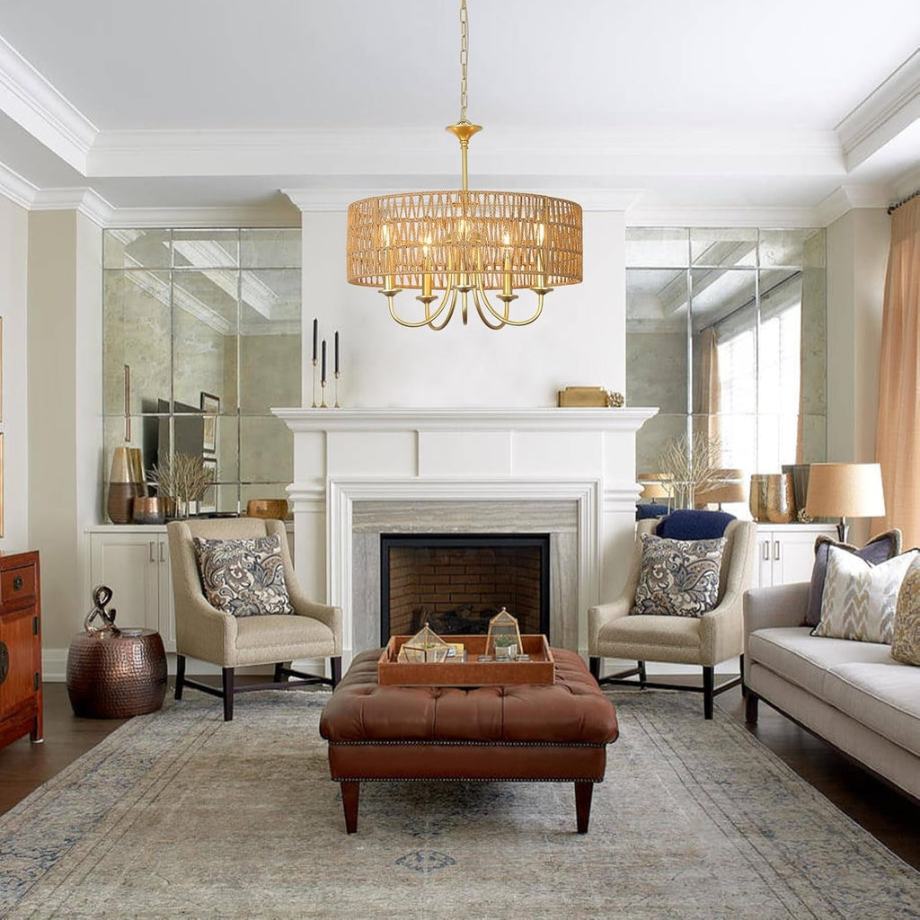 Gold Rattan Boho Chandelier – 5-Light Coastal Pendant Fixture