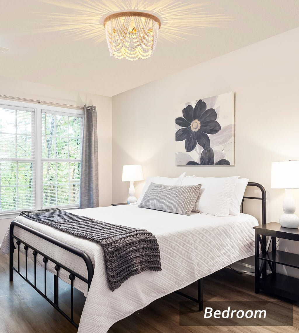 White Wood Beaded Flush Mount Chandelier – Coastal Boho 3-Light Fixture