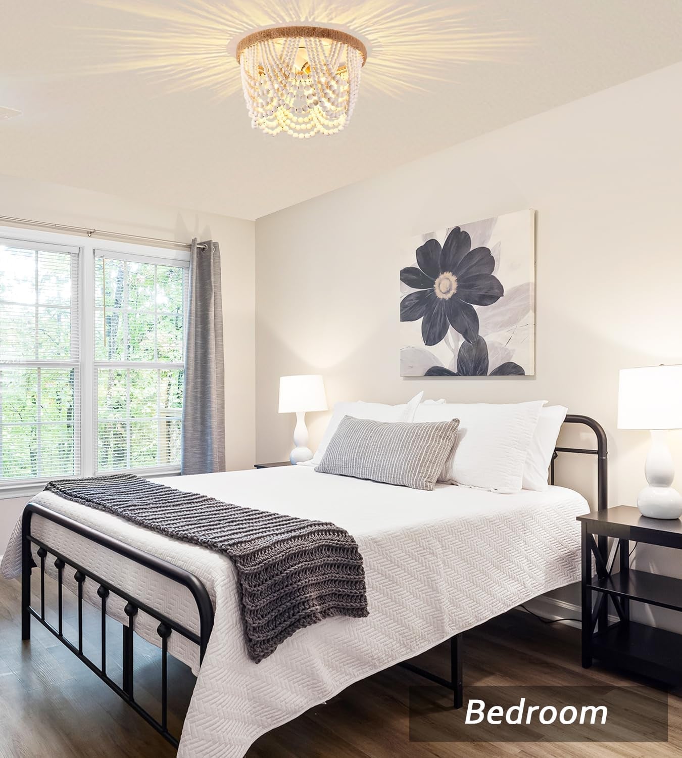White Wood Beaded Flush Mount Chandelier – Coastal Boho 3-Light Fixture