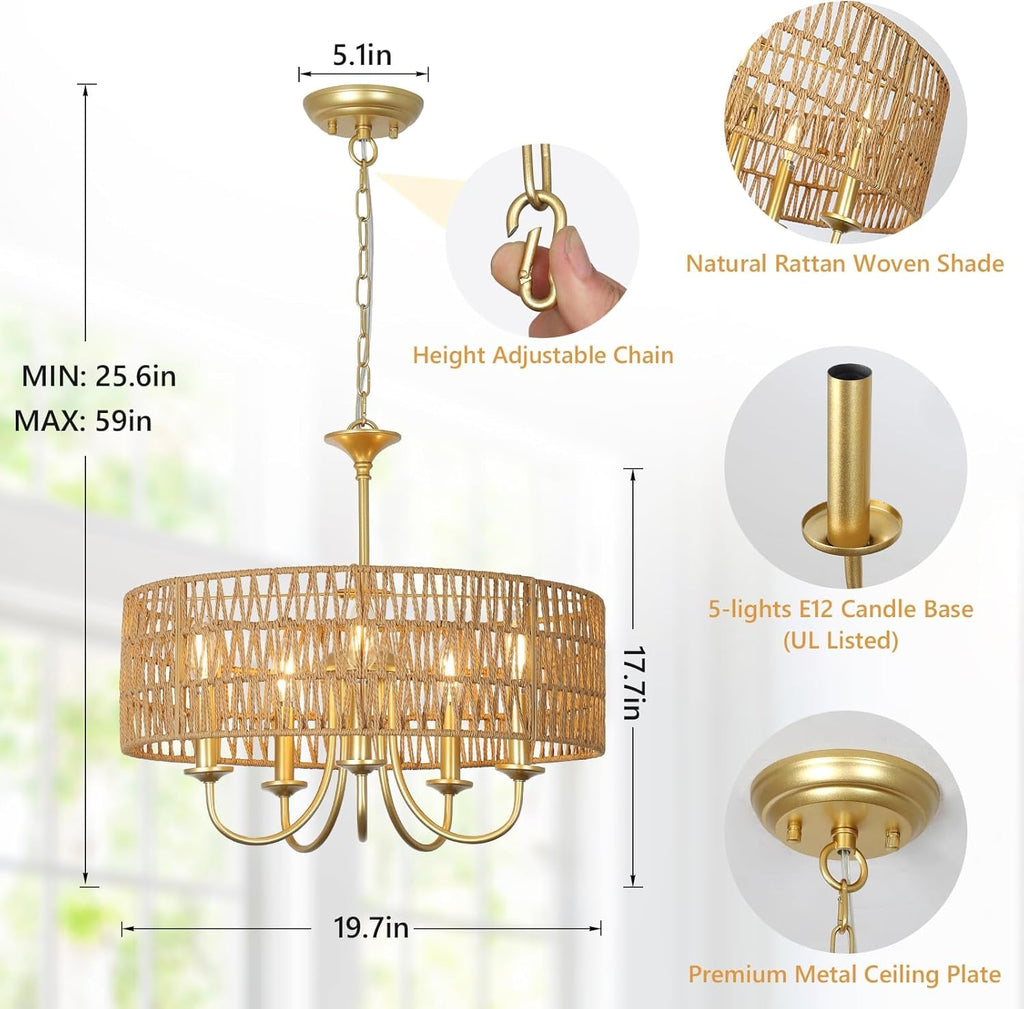Gold Rattan Boho Chandelier – 5-Light Coastal Pendant Fixture