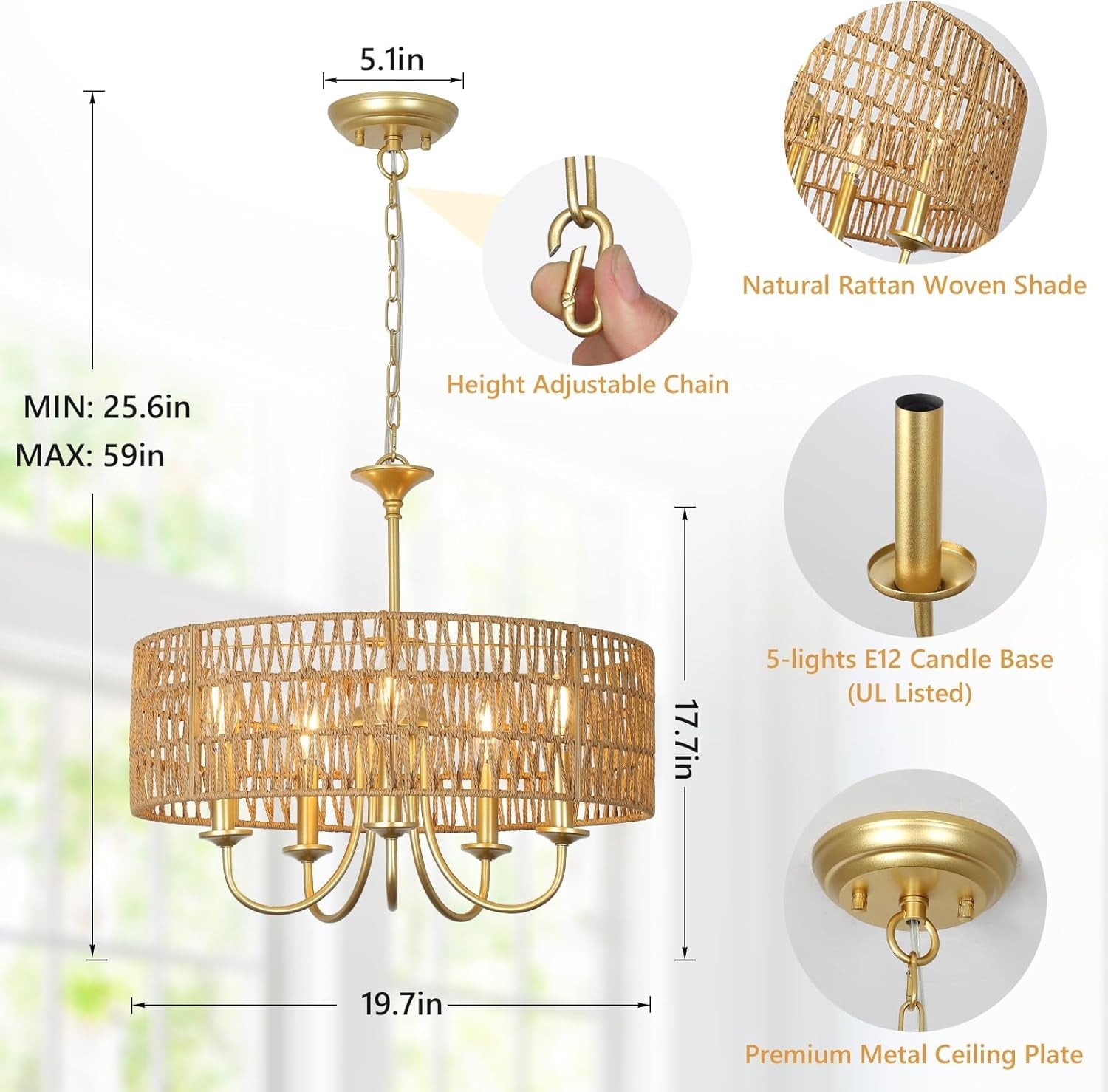 Gold Rattan Boho Chandelier – 5-Light Coastal Pendant Fixture