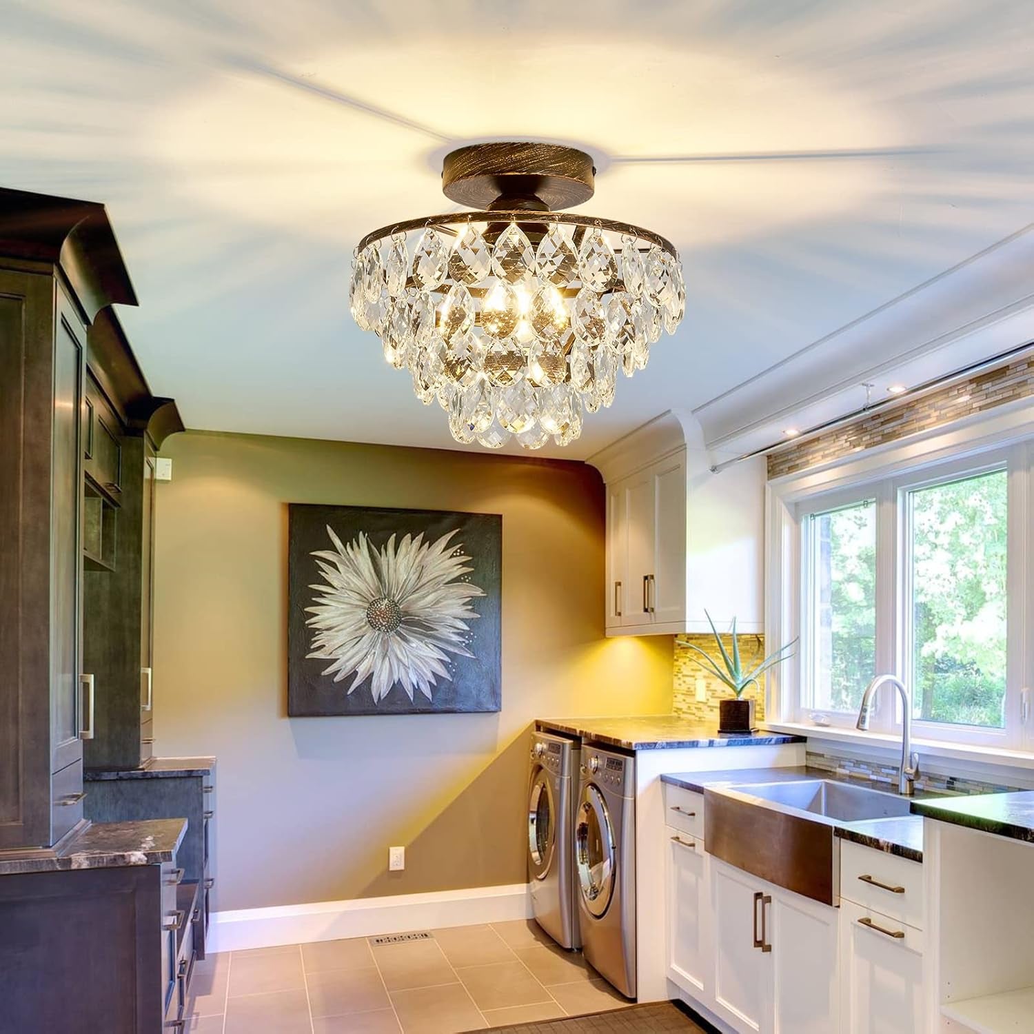 Modern Bronze Crystal Chandelier – Semi Flush Mount Ceiling Light