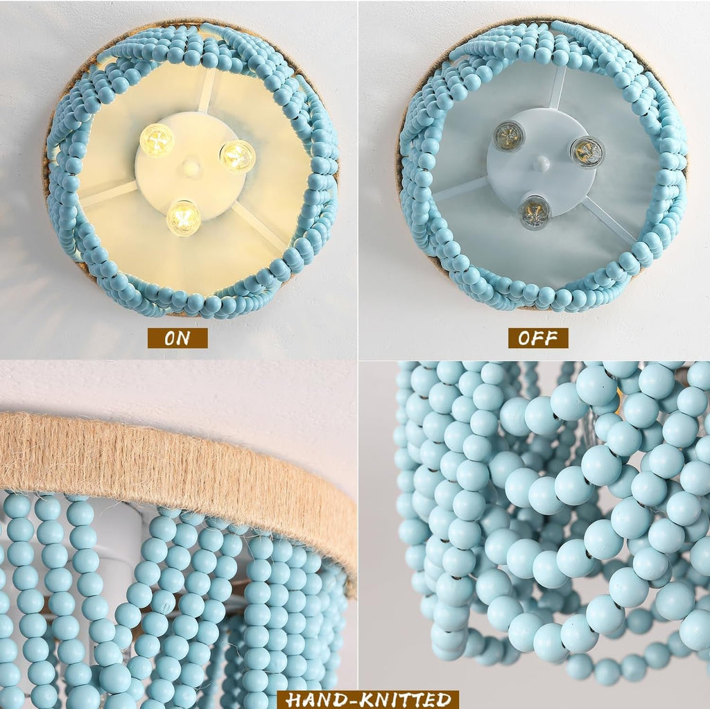 Blue Wood Beaded Boho Chandelier – 3-Light Coastal Accent Fixture