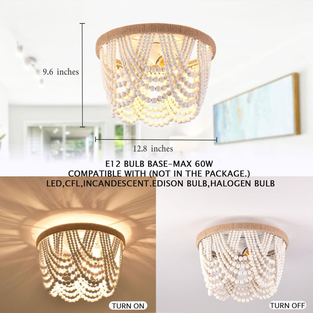 White Wood Beaded Flush Mount Chandelier – Coastal Boho 3-Light Fixture