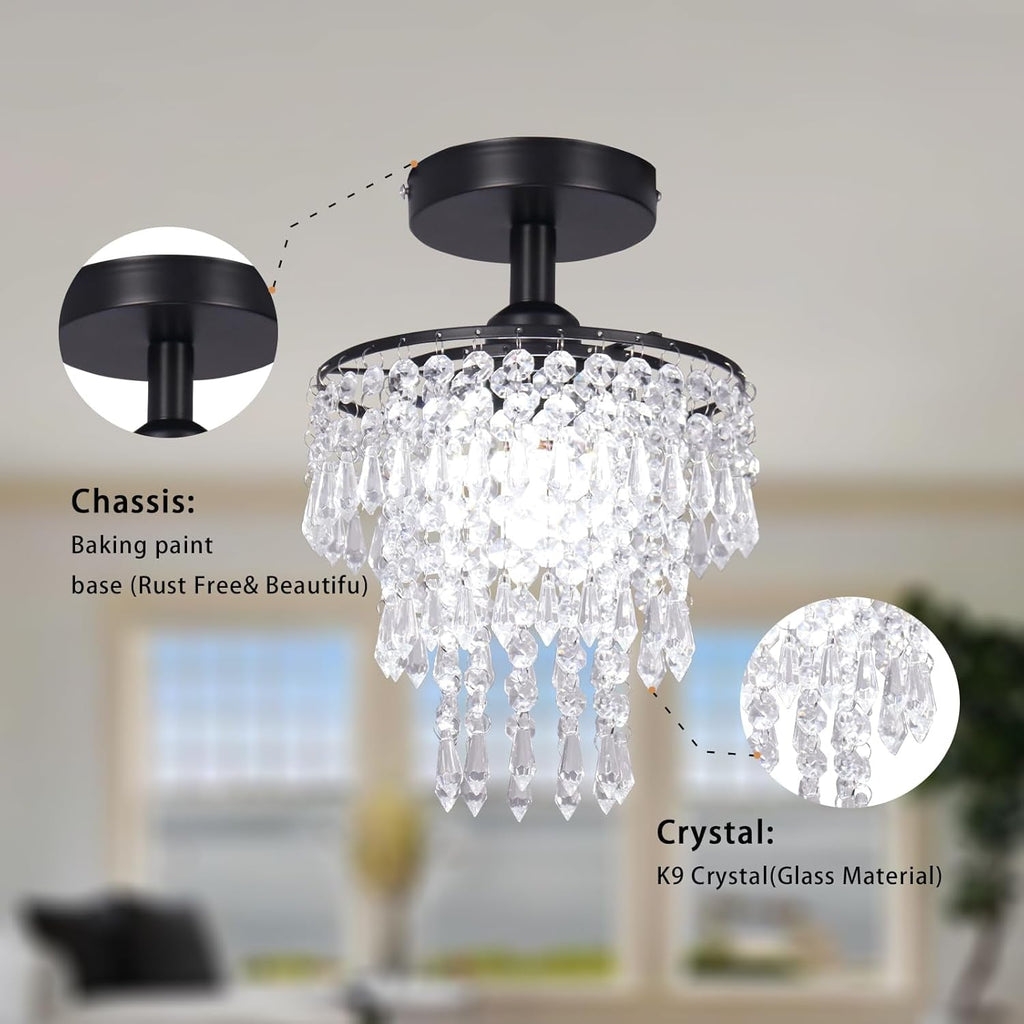 Black Crystal Flush Mount Chandelier – Raindrop Ceiling Light