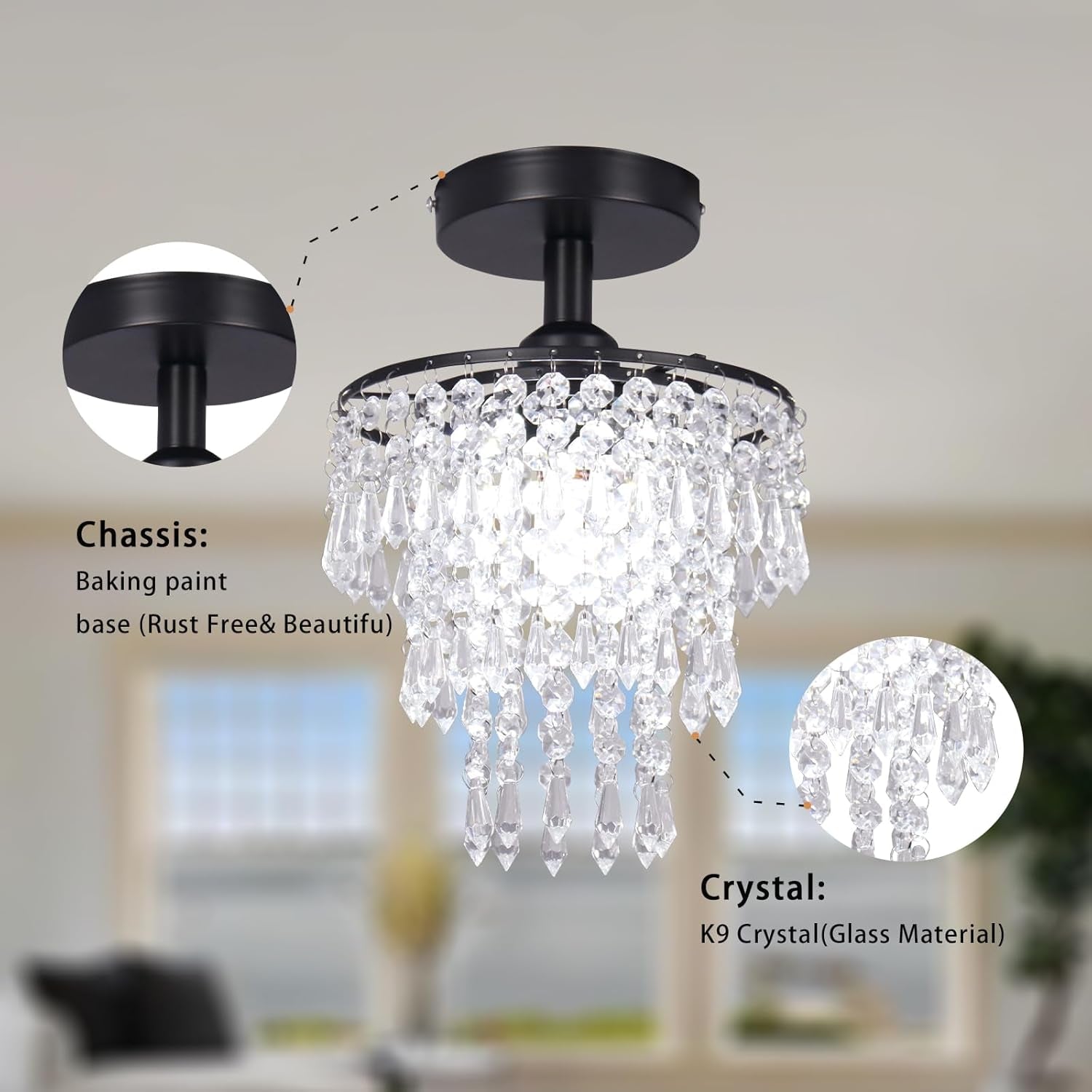 Black Crystal Flush Mount Chandelier – Raindrop Ceiling Light