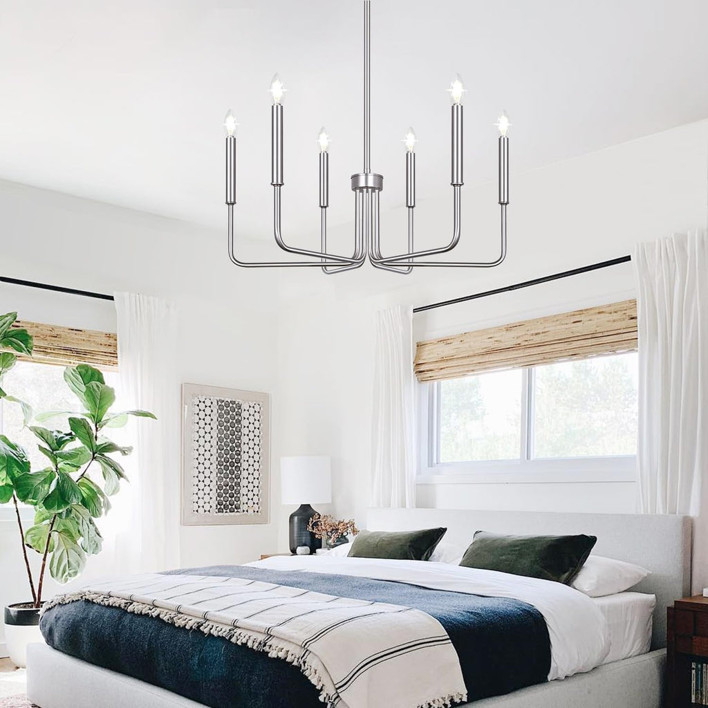 Brushed Nickel Farmhouse Chandelier – 6-Light Dining Room Fixture