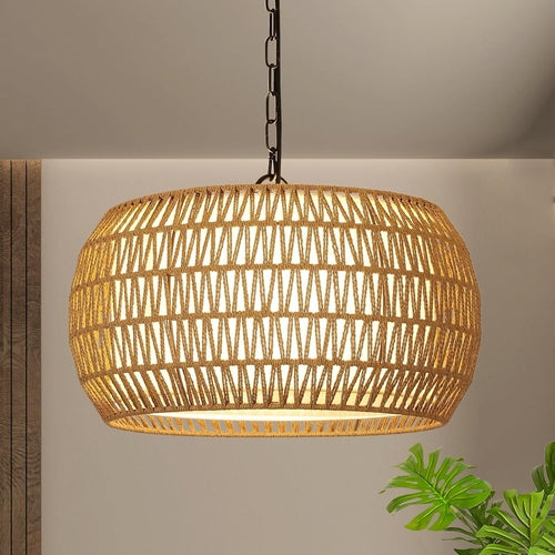 Rattan Farmhouse Chandelier – 5-Light Coastal Fixture with Fabric Shades