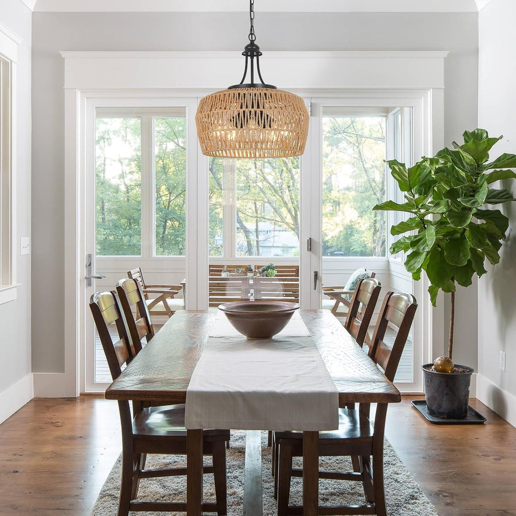 Large Rattan Boho Chandelier – 5-Light Coastal Dining Room Fixture